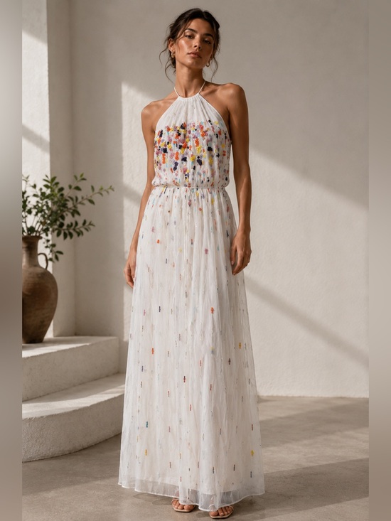 BCBGMaxAzria Dresses & Skirts - BCBG Max Azria Runway White Embellished Halter Maxi Dress | Size S